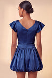 Sky Blue A-Line Satin Bateau Neck Short Homecoming Dress with Cap Sleeves