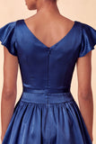 Sky Blue A-Line Satin Bateau Neck Short Homecoming Dress with Cap Sleeves