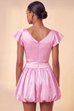 Sky Blue A-Line Satin Bateau Neck Short Homecoming Dress with Cap Sleeves