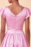 Sky Blue A-Line Satin Bateau Neck Short Homecoming Dress with Cap Sleeves