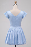Sky Blue A-Line Satin Bateau Neck Short Homecoming Dress with Cap Sleeves
