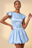 Sky Blue A-Line Satin Bateau Neck Short Homecoming Dress with Cap Sleeves