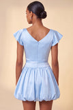 Sky Blue A-Line Satin Bateau Neck Short Homecoming Dress with Cap Sleeves