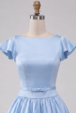 Sky Blue A-Line Satin Bateau Neck Short Homecoming Dress with Cap Sleeves