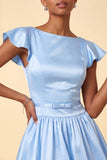 Sky Blue A-Line Satin Bateau Neck Short Homecoming Dress with Cap Sleeves