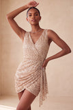 Sparkly Pink Bodycon Round Neck Sequins Ruched Short Homecoming Dress with Sash