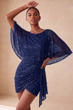 Sparkly Pink Bodycon Round Neck Sequins Ruched Short Homecoming Dress with Sash