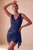Sparkly Pink Bodycon Round Neck Sequins Ruched Short Homecoming Dress with Sash