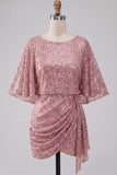 Sparkly Pink Bodycon Round Neck Sequins Ruched Short Homecoming Dress with Sash