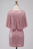 Sparkly Pink Bodycon Round Neck Sequins Ruched Short Homecoming Dress with Sash