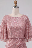 Sparkly Pink Bodycon Round Neck Sequins Ruched Short Homecoming Dress with Sash