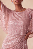 Sparkly Pink Bodycon Round Neck Sequins Ruched Short Homecoming Dress with Sash