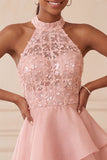 Halter Sky Blue Tiered A-Line Asymmetrical Short Homecoming Dress with Sequins