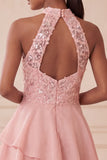 Halter Sky Blue Tiered A-Line Asymmetrical Short Homecoming Dress with Sequins