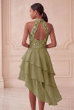 Halter Sky Blue Tiered A-Line Asymmetrical Short Homecoming Dress with Sequins