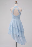 Halter Sky Blue Tiered A-Line Asymmetrical Short Homecoming Dress with Sequins
