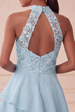 Halter Sky Blue Tiered A-Line Asymmetrical Short Homecoming Dress with Sequins