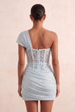 One Shoulder Olive Sheer Corset Ruched Short Homecoming Dress with Lace Up Back