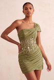 One Shoulder Olive Sheer Corset Ruched Short Homecoming Dress with Lace Up Back