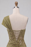 One Shoulder Olive Sheer Corset Ruched Short Homecoming Dress with Lace Up Back