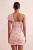 One Shoulder Olive Sheer Corset Ruched Short Homecoming Dress with Lace Up Back