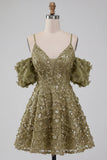 Olive Cold Shoulder Sequins A-Line Short Homecoming Dress with Lace Up Back