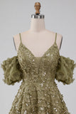 Olive Cold Shoulder Sequins A-Line Short Homecoming Dress with Lace Up Back