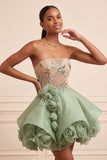 Dusty Sage Strapless A-Line Corset Lace Up Back Sequins Short Homecoming Dress with 3D Flowers