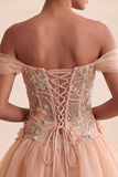A-Line Pink Off the Shoulder Corset Bubble Hem Homecoming Dress with Lace Up Back