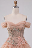 A-Line Pink Off the Shoulder Corset Bubble Hem Homecoming Dress with Lace Up Back