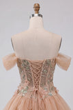 A-Line Pink Off the Shoulder Corset Bubble Hem Homecoming Dress with Lace Up Back