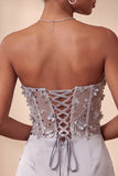 Grey Strapless Floral Sheer Corset Ruched Satin Homecoming Dress with Lace Up Back