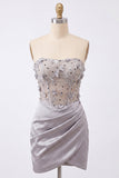 Grey Strapless Floral Sheer Corset Ruched Satin Homecoming Dress with Lace Up Back