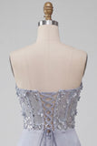 Grey Strapless Floral Sheer Corset Ruched Satin Homecoming Dress with Lace Up Back