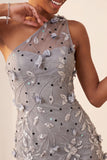 One Shoulder Grey Bodycon Lace Up Back Sequins Short Homecoming Dress with 3D Flowers