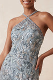 Halter Neck Grey Bodycon Floral Beaded Short Homecoming Dress with Fringes