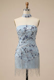 Blue Strapless Bodycon Floral Sequins Short Homecoming Dress with Fringes
