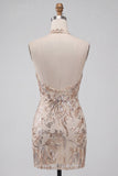 Champagne Halter Neck Bodycon Sequins Backless Short Homecoming Dress