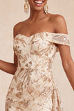 Off the Shoulder Champagne Bodycon Sequins Short Homecoming Dress with Sash