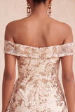 Off the Shoulder Champagne Bodycon Sequins Short Homecoming Dress with Sash