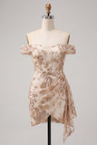 Off the Shoulder Champagne Bodycon Sequins Short Homecoming Dress with Sash