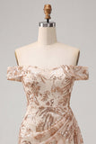 Off the Shoulder Champagne Bodycon Sequins Short Homecoming Dress with Sash
