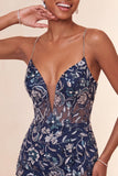 Bodycon Navy Sequins Spaghetti Straps Short Homecoming Dress with Slit