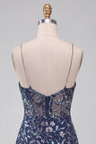 Bodycon Navy Sequins Spaghetti Straps Short Homecoming Dress with Slit