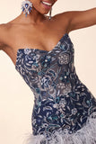 Strapless Navy Bodycon Sequins Short Homecoming Dress with Feathers