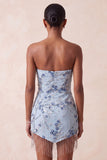 Strapless Blue Sequins Floral Short Homecoming Dress with Fringes