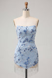 Strapless Blue Sequins Floral Short Homecoming Dress with Fringes