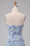 Strapless Blue Sequins Floral Short Homecoming Dress with Fringes