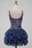 A-Line Navy Sequins Floral Thick Straps Short Homecoming Dress
