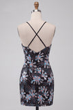 Black Bodycon Spaghetti Straps Sequins Floral Short Homecoming Dress with Slit